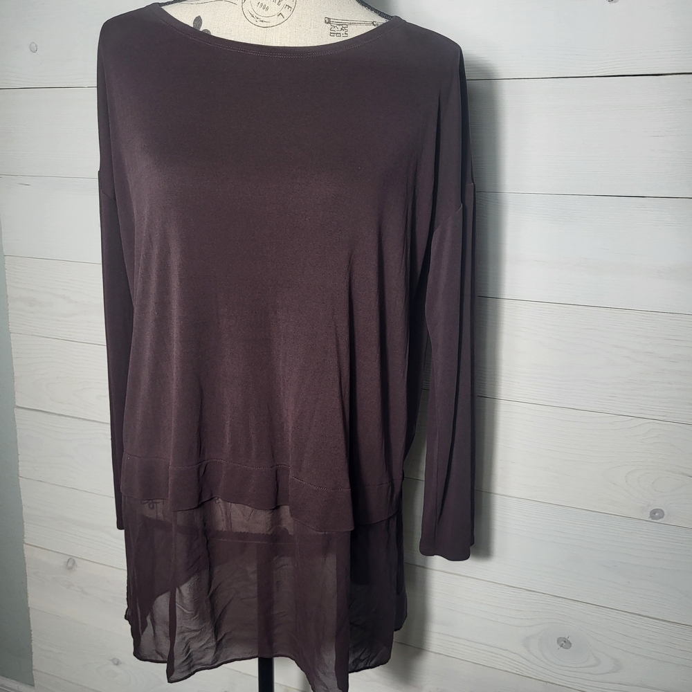 Eileen Fisher Silk Top Chocolate Brown Sheer Hem Flowy Chic Long Sleeve. - Picture 4 of 6